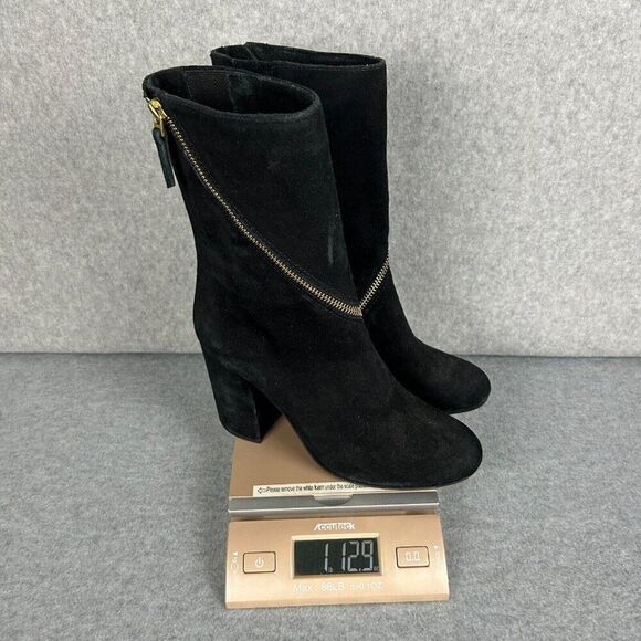 VC Vince Camuto Size 7 Black Suede Kardale Boots Gold Wrap Zipper Heeled Booties - Picture 12 of 12